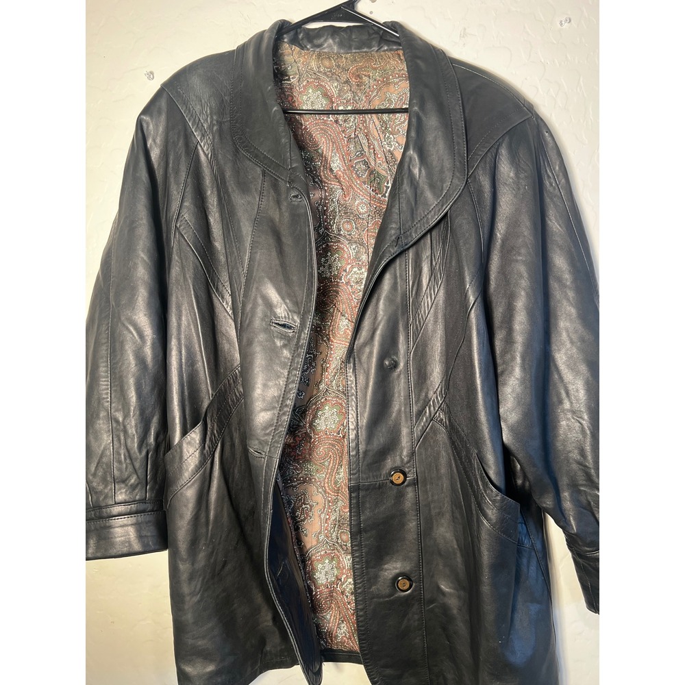 Vintage Gerome Barcelona Black Lambskin Leather Paisley Lined Jacket 80s Chevron - Picture 11 of 14